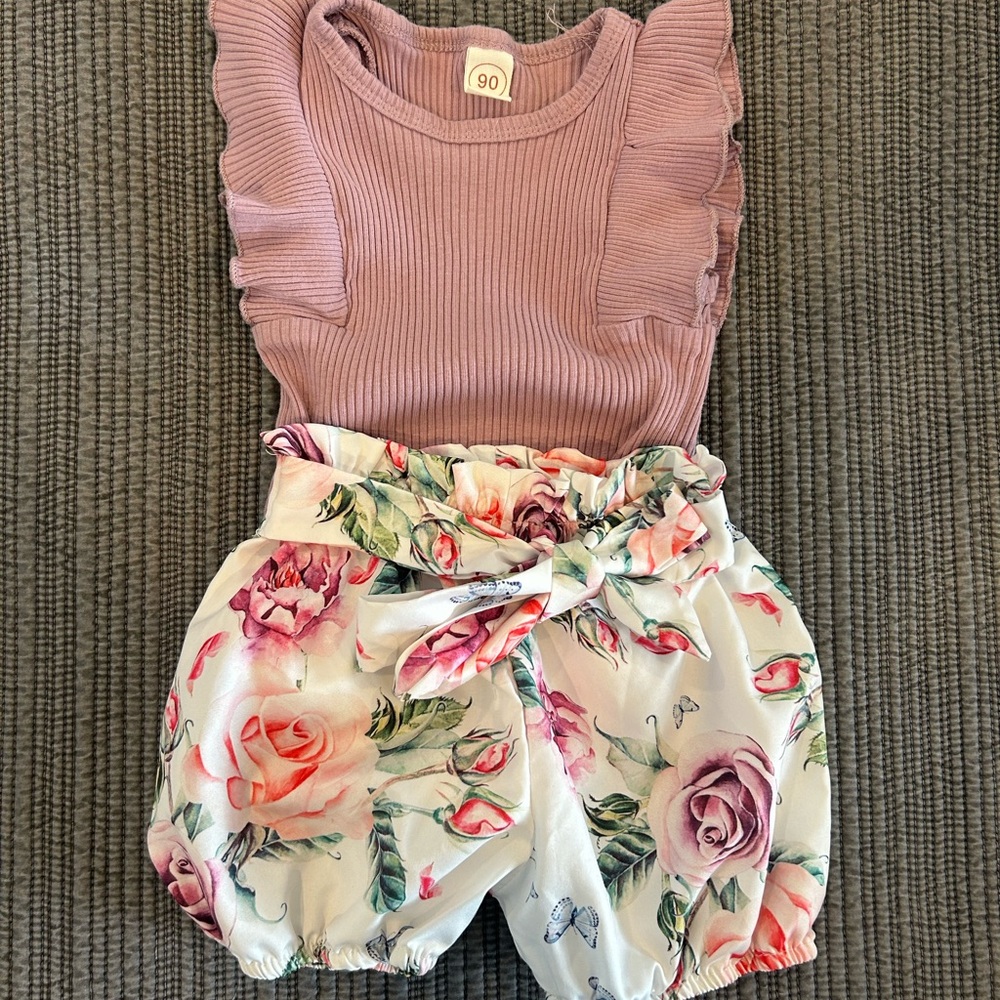 Pink Ruffled Top and Floral Shorts Set
